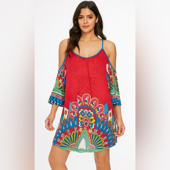 Flying Tomato Dress M Cold Shoulder Boho Festival Bright Multicolor Rayon - Picture 1 of 7